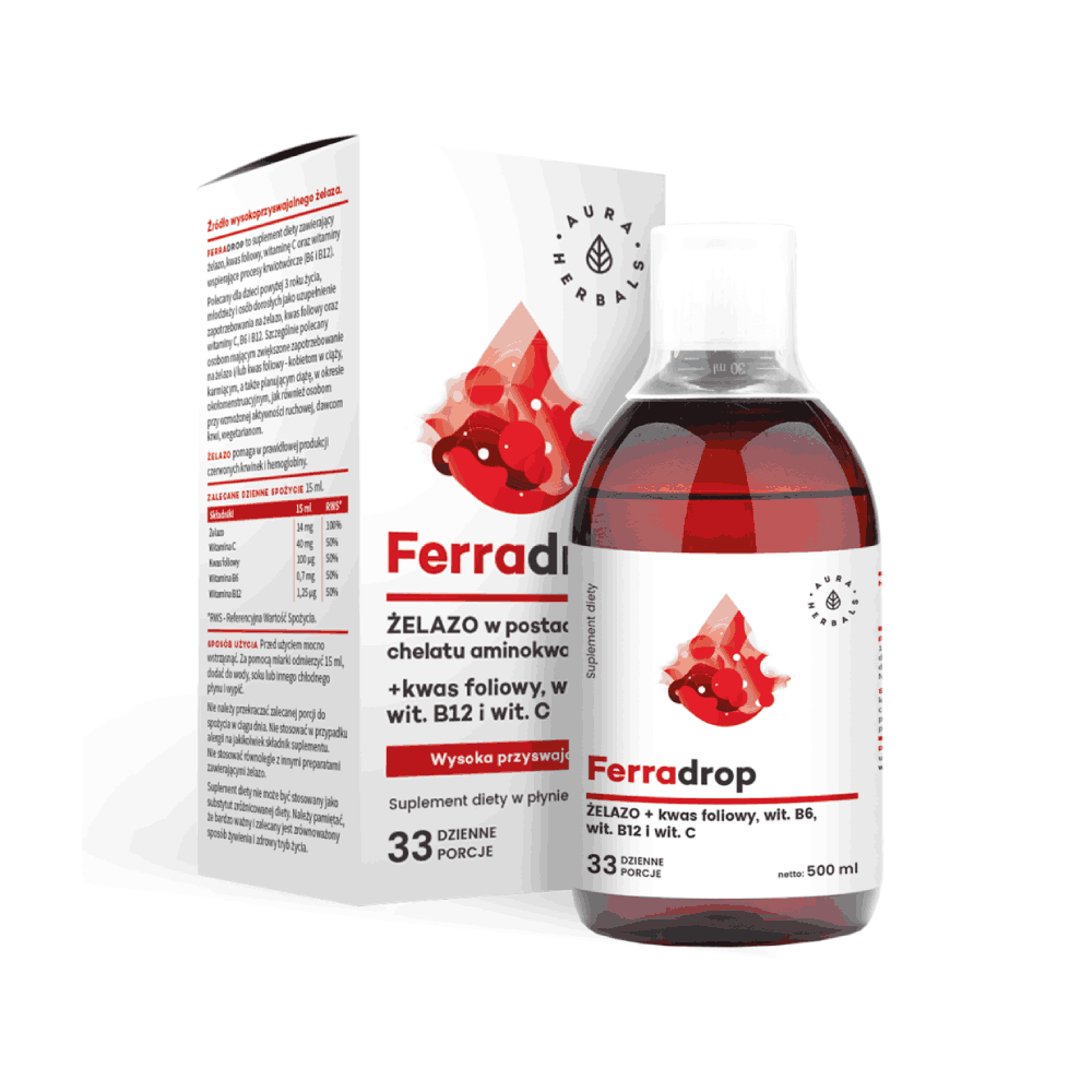 Ferradrop - żelazo w płynie + kwas foliowy - Aura Herbals - 500 ml