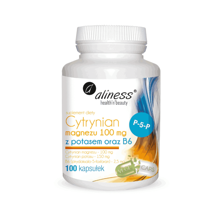 Cytrynian Magnezu 100 mg z potasem 150 mg i B6 (P-5-P) - Aliness - 100 kapsułek